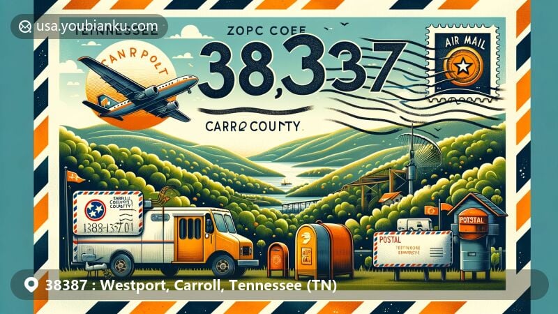 Contemporary illustration of Westport, Carroll County, Tennessee, featuring postal theme with ZIP code 38387, set against a backdrop of Tennessee's scenic hills. Air mail envelope or postcard with postal stamps, postmark, and regional symbols like Carroll County's outline or Tennessee emblem.