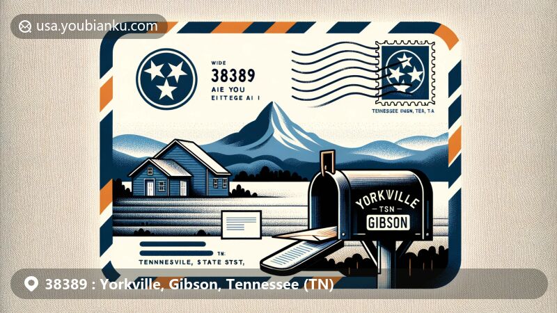Modern illustration of airmail envelope with Tennessee state flag, depicting ZIP code 38389 and postmark 'Yorkville, Gibson, TN', complemented by rural background.