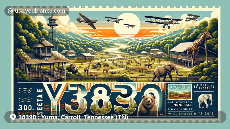 Modern illustration of Yuma, Carroll County, Tennessee, capturing rural charm with aerial view, featuring Southland Safari, giraffes, sloths, and vibrant colors, reminiscent of vintage postcard layout.