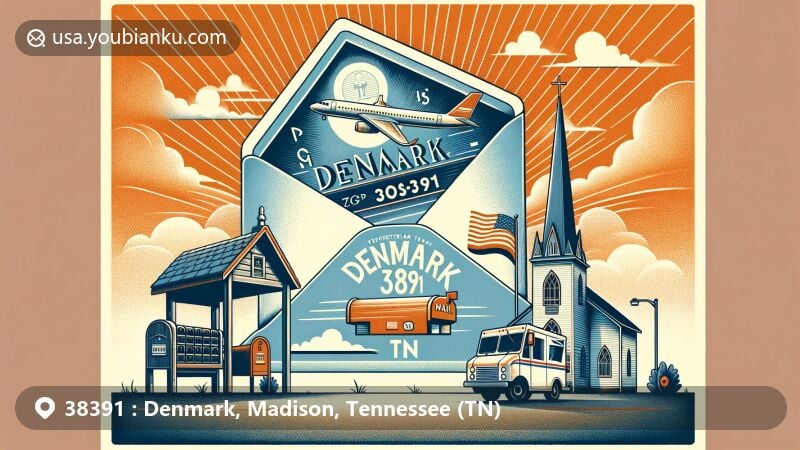 Modern illustration of Denmark, Madison, Tennessee, showcasing postal theme with ZIP code 38391, featuring Denmark Presbyterian Church, Tennessee state flag, mailbox, and mail truck.