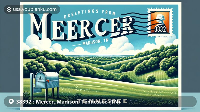 Modern illustration of Mercer, Madison County, Tennessee, featuring green hills and trees, showcasing American mailbox with ZIP code 38392, postmarked ‘Mercer, Madison, TN’, and banner saying ‘Greetings from Mercer, Tennessee’.