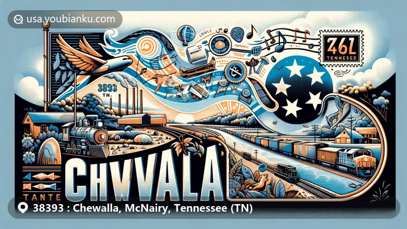 Modern illustration of Chewalla, McNairy County, Tennessee, with a postal theme centered around ZIP code 38393, featuring Tennessee state flag, McNairy County outline, postage stamp with '38393 Chewalla, TN' inscription, and symbolic postmark, blending in elements representing Chewalla rural landscapes such as railways and natural scenery, along with symbols of Buford Pusser story or music, highlighting the region's historical and cultural characteristics.