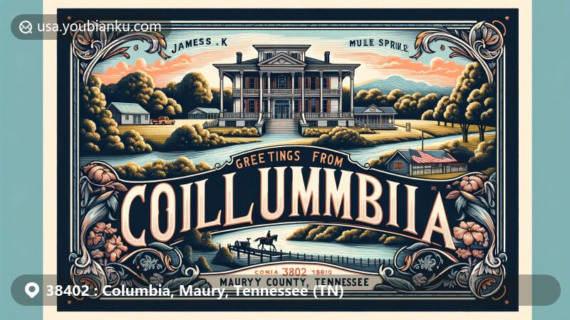 Modern illustration of Columbia, Maury County, Tennessee, featuring zip code 38402, showcasing James K. Polk Presidential Home and Mule Day celebration, with Duck River and Tennessee state symbols.