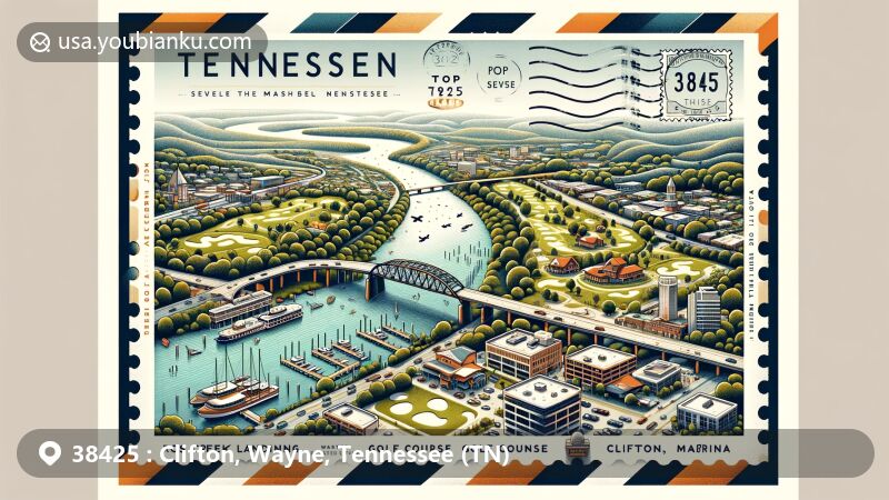 Modern illustration of Clifton, Tennessee, depicting postal theme with ZIP code 38425, featuring Tennessee River, T. S. Stribling Museum, Ross Creek Landing Golf Course, and Clifton Marina.