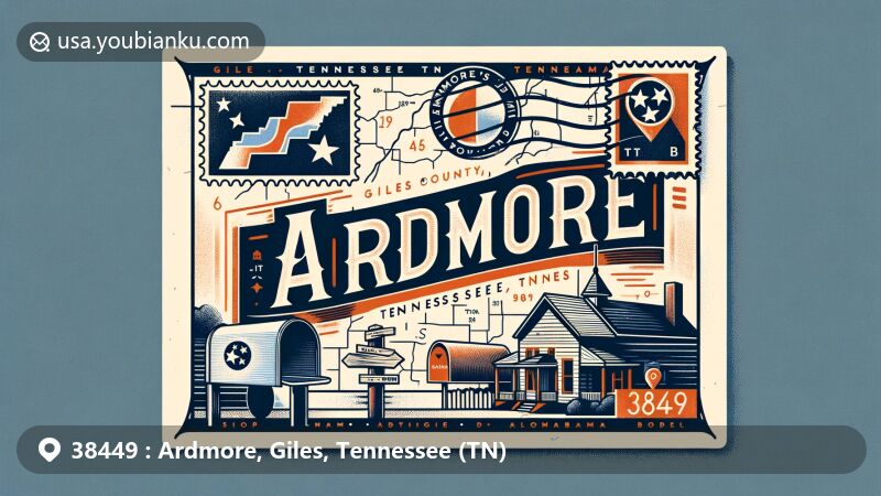 Creative and modern illustration of Ardmore, Giles County, Tennessee (TN), with vintage postcard layout, featuring Tennessee state flag postage stamp, 'Ardmore, TN 38449' ink stamp, and stylized map outline. Includes postal elements against a backdrop of small-town charm and neighborly vibe.