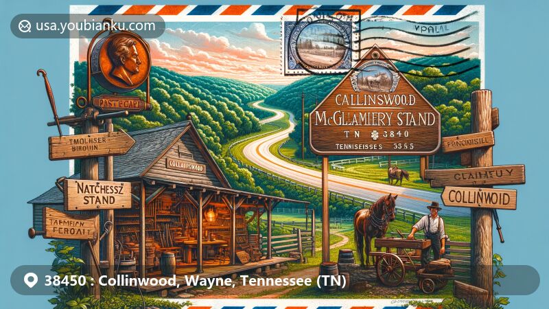 Vivid illustration of Natchez Trace Parkway and McGlamery's Stand in Collinwood, Tennessee, blending historical landmarks with postal motifs.