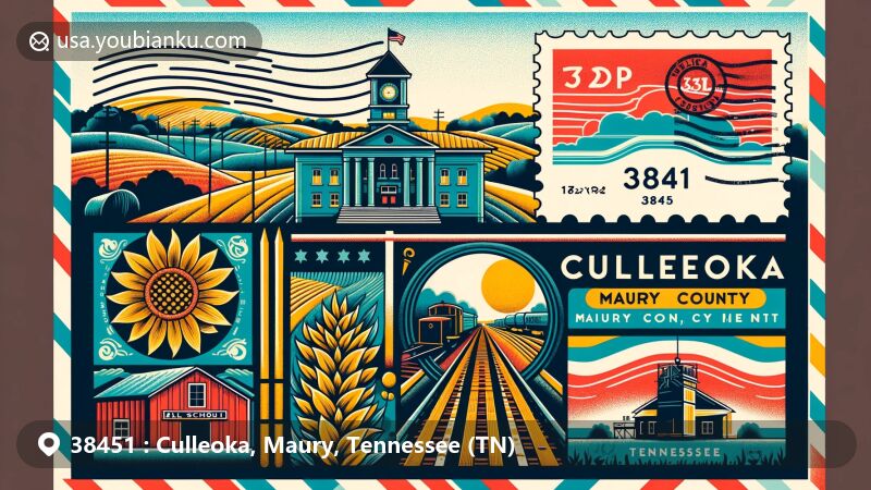 Modern illustration of Culleoka, Maury County, Tennessee, showcasing agricultural and railroad heritage, featuring Maury County Courthouse silhouette, Webb School, and ZIP code 38451.
