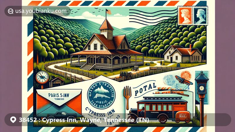 Modern illustration of Cypress Inn, Tennessee, featuring Natchez Trace Parkway on a postcard, surrounded by lush hills and forests near Alabama border, with postal symbols like stamps, 'Cypress Inn, TN 38452' mark, and vintage mailbox.