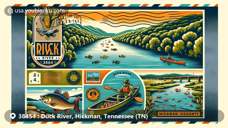 Modern illustration of the Duck River area in Hickman County, Tennessee, with a postal theme highlighting ZIP code 38454, featuring biodiversity, local landmarks, and iconic symbols like a canoe and freshwater mussels.