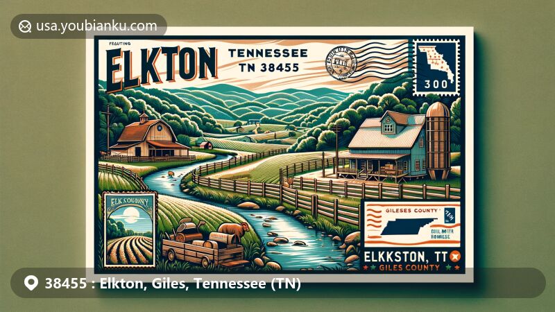 Creative depiction of Elkton, Tennessee, showcasing the serene Elk River winding through lush hills of Middle Tennessee, and the historic Matt Gardner Homestead Museum. Giles County outline subtly integrated in the background, with vintage postage stamp featuring Tennessee state flag. Air mail envelope theme symbolizes communication, with 'Elkton, TN 38455' prominently displayed.