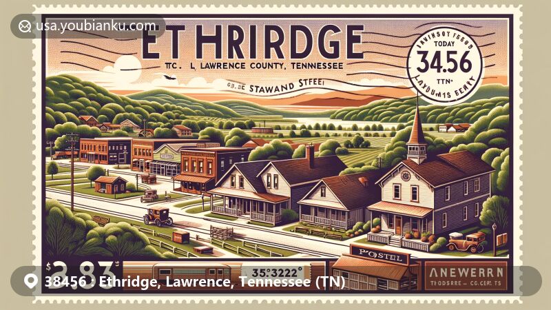 Modern illustration of Ethridge, Lawrence County, Tennessee, capturing the small-town charm and architectural symbols along Depot Street, with lush Tennessee landscape and coordinates 35.32111°N, 87.30222°W integrated.