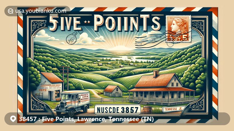 Modern illustration of Five Points, Lawrence County, Tennessee, highlighting the postal theme with ZIP code 38457, showcasing Tennessee's rural landscape and Moore's Country Market.