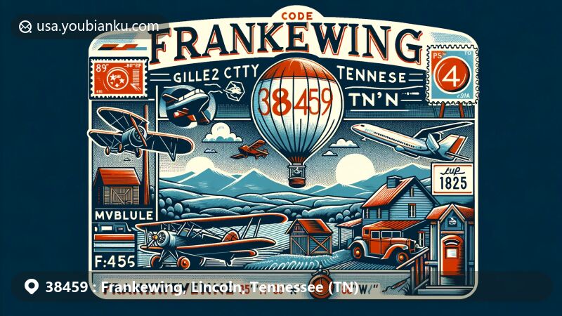 Modern illustration of Frankewing, Giles County, Tennessee, featuring coordinates 35°11′33″N 86°51′04″W, rural landscapes, and postal motifs like air mail envelope, ZIP code stamp '38459', postmark 'Frankewing, TN', and postal imagery.