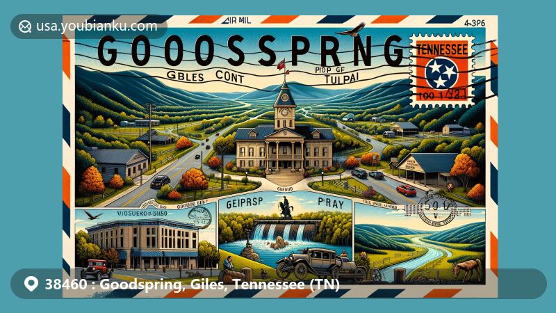 Modern illustration of Goodspring, Giles County, Tennessee, featuring scenic landscapes, Giles County Courthouse, Trail of Tears Memorial, vintage air mail envelope with TN state flag stamp, postal markings, and ZIP code 38460.