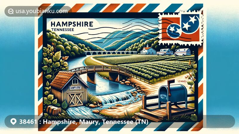 Modern illustration of Hampshire, Tennessee, blending rural charm with postal elements, featuring Natchez Trace Parkway, vineyards, and Tennessee state flag.