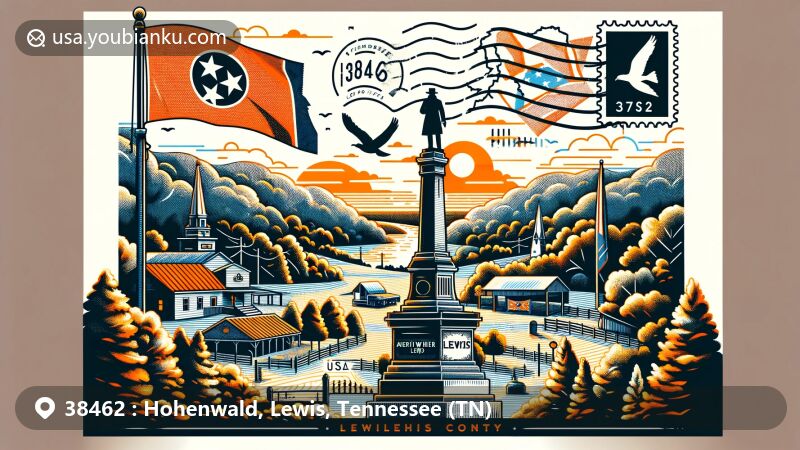 Modern postcard design featuring Meriwether Lewis Monument in Hohenwald, Tennessee, symbolizing local history and culture, with elements of Lewis County silhouette and Tennessee state flag.