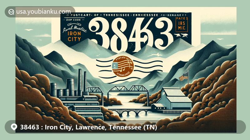 Creative illustration of Iron City, Tennessee, with ZIP code 38463, showcasing Shoal Creek Valley landscape, vintage postcard, iron foundry silhouette, musical note for Melba Montgomery, and Tennessee state flag.