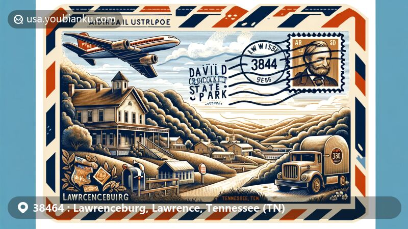 Modern illustration of Lawrenceburg, Tennessee, capturing airmail theme with ZIP code 38464, featuring David Crockett State Park and traditional postal elements.