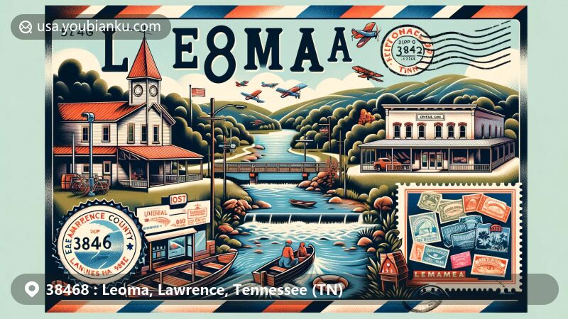 Modern and creative illustration of Leoma, Lawrence County, Tennessee, highlighting natural beauty, outdoor activities like fishing and hiking, historic general store, and community spirit with a stylized postal theme and ZIP code 38468.
