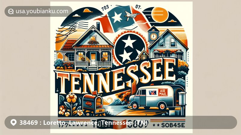 Modern illustration of Loretto, Lawrence County, Tennessee, with ZIP code 38469, incorporating local culture and landmarks, featuring Tennessee state flag, vintage stamp, postmark, and postal elements in a welcoming and picturesque design.