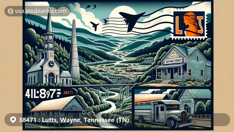 Modern illustration of Lutts, Wayne County, Tennessee, showcasing postal theme with ZIP code 38471, featuring the natural landscapes of Highland Rim, Tennessee River, and historical symbols like Natchez Trace Parkway.