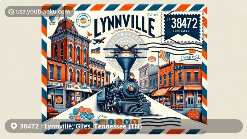 Modern illustration of Lynnville, Tennessee, showcasing historic downtown and steam locomotive from Lynnville Railroad Museum against airmail envelope, with iconic Tennessee and postal elements.