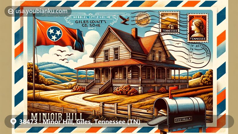 Vintage-style illustration of Minor Hill, Giles County, Tennessee, featuring historic Noblit-Lytle House from 1840s, rolling hills, lush landscapes, and Tennessee state flag.