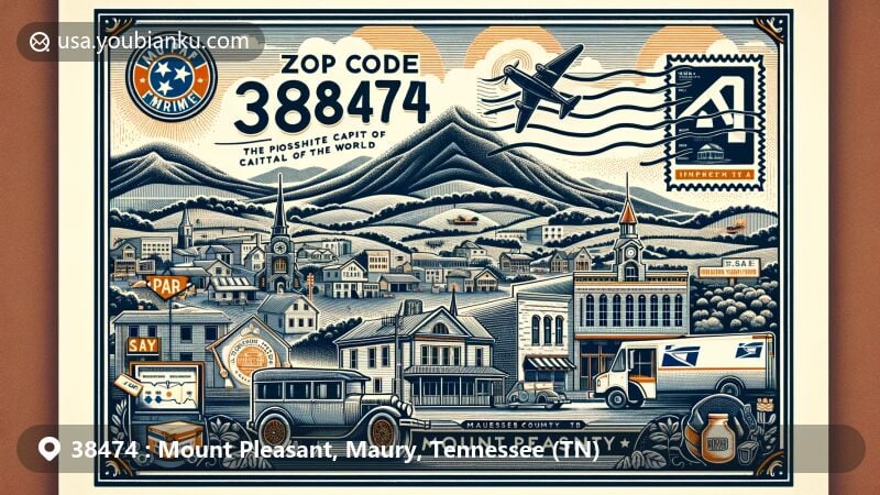 Modern illustration of Mount Pleasant, Maury County, Tennessee, showcasing postal theme with ZIP code 38474, featuring 'The Phosphate Capital of the World' and local cultural symbols.