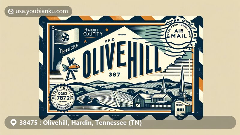 Vintage-inspired illustration of Olivehill, Hardin County, Tennessee, showcasing ZIP code 38475 with airmail envelope design, state symbols, and rural landscape charm.