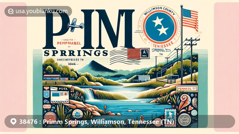 Modern illustration of Primm Springs, Williamson County, Tennessee (TN), with a focus on Gee Hill, state flag, and postal elements, emphasizing ZIP code 38476.