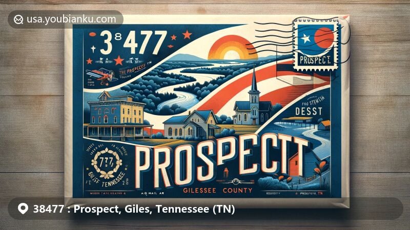 Creative illustration of Prospect, Giles County, Tennessee, showcasing air mail envelope with ZIP code 38477, featuring town name and cultural elements in modern style.