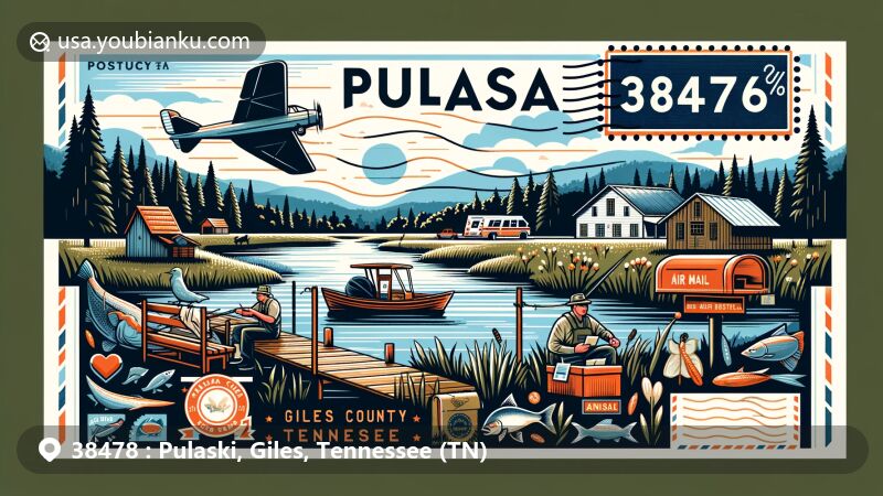 Modern illustration of Pulaski, Giles County, Tennessee, capturing the essence of ZIP code 38478 with a blend of regional and postal elements, showcasing natural scenery, outdoor activities, and the Trail of Tears Interpretive Center.