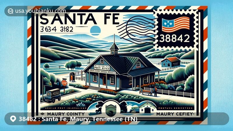 Modern illustration of Santa Fe, Maury County, Tennessee, with a postal theme reflecting ZIP code 38482, featuring the historic Santa Fe Post Office and the serene rural charm of the area.