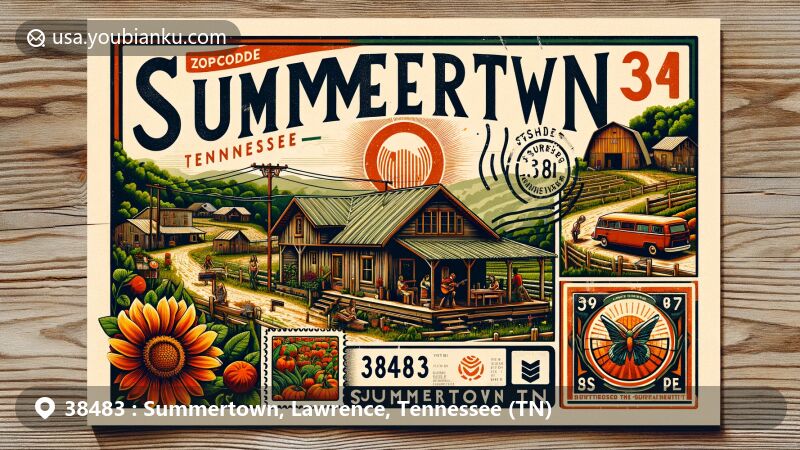 Modern illustration of Summertown, Tennessee, showcasing The Farm, an intentional community promoting nonviolence and sustainability, with postal elements like a vintage postcard format and Tennessee state flag stamp.