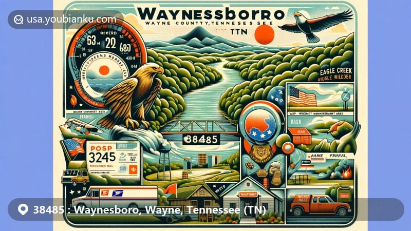 Modern illustration of Waynesboro, Wayne County, Tennessee, highlighting postal theme with ZIP code 38485, featuring the Green River and Eagle Creek Wildlife Management Area.