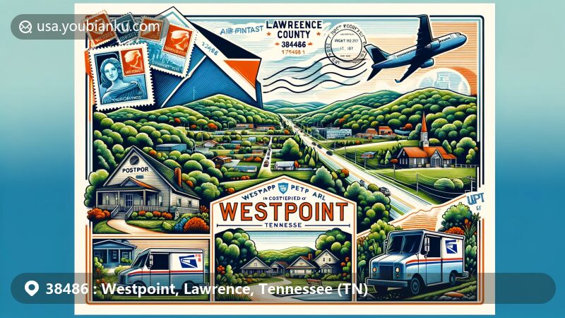Modern illustration of Westpoint, Tennessee, featuring postal theme with ZIP code 38486, showcasing lush green landscapes, Westpoint Post Office, stamps, and postal truck.