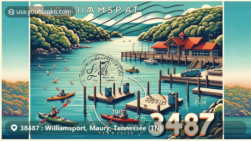 Modern illustration of Williamsport, Maury County, Tennessee, highlighting beloved Williamsport Lake Concessions, ideal for fishing and kayaking, set in lush surroundings and clear waters, featuring a creative postcard design with ZIP code 38487 and postal elements like a stamp and postal mark.