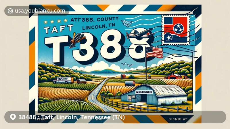 Creative illustration of Taft area in Tennessee, blending postal elements with Tennessee state flag, Lincoln County's map outline, rural landscape, and post office building.