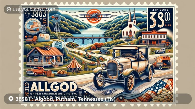 Modern illustration of Algood, Putnam County, Tennessee, featuring the Upper Cumberland Quilt Festival, natural beauty, Algood Farmers’ Market, postal elements, and the Tennessee state flag.