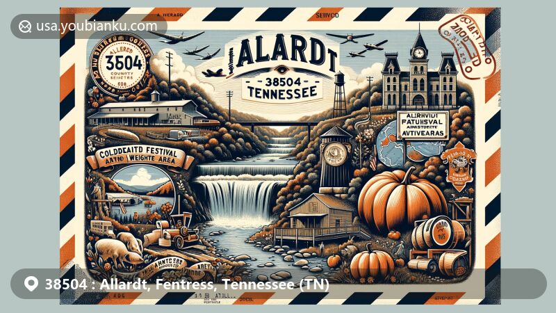 Innovative illustration of Allardt, Fentress County, Tennessee, highlighting geographical diversity, historical significance, and cultural festivities, with iconic features like Cumberland Plateau, Northrup Falls, Great Pumpkin Festival, and Alvin C. York tribute.