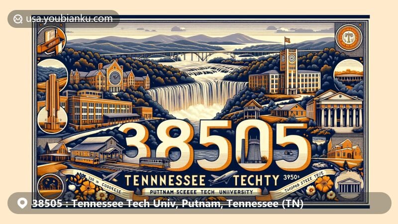 Modern illustration of Putnam County, Tennessee, showcasing Burgess Falls and Tennessee Tech University landmarks with ZIP code 38505, featuring a vintage postcard style and the Tennessee state flag.