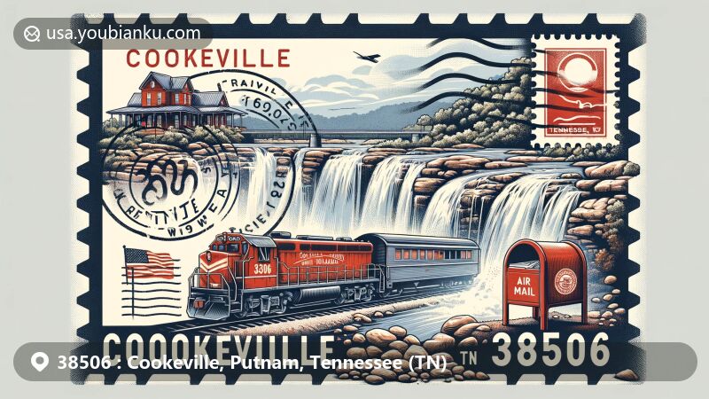 Illustration representing Cookeville, Tennessee, showcasing postal theme with ZIP code 38506, featuring Cummins Falls and Cookeville Depot Museum.