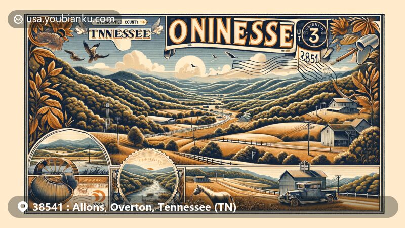 Modern illustration of Allons, Overton County, Tennessee, featuring ZIP code 38541, highlighting local community within the scenic beauty of northern Tennessee, incorporating elements of history, culture, and natural landscapes.