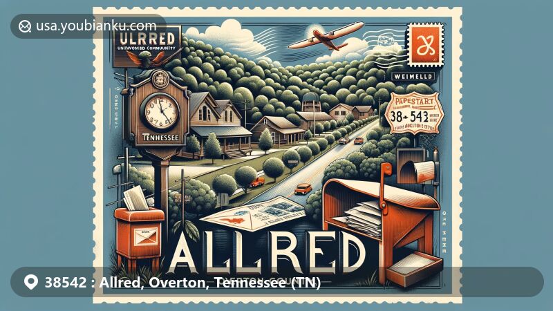 Modern illustration of Allred community, Overton County, Tennessee, featuring vintage postal elements like a postal stamp with ZIP code 38542 and an old-fashioned mailbox, capturing the rural charm and tranquility of the region.
