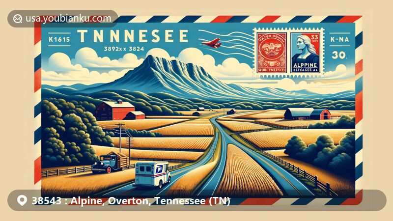 Modern illustration of Alpine area, Overton County, Tennessee, capturing rural charm and natural beauty with Alpine Mountain in the background, featuring postal theme elements and iconic Tennessee symbols.