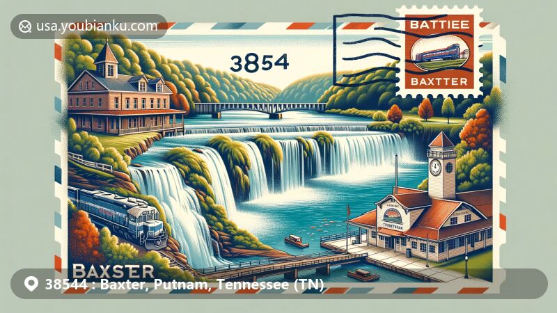 Modern illustration of Baxter, Putnam County, Tennessee, featuring postal code 38544, showcasing Cummins Falls and Burgess Falls State Parks, Baxter Depot Museum & Visitors Center, and postal elements like stamp and postmark, capturing town's historical significance and natural beauty.