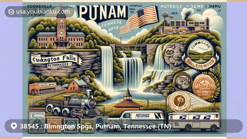 Modern illustration of Blmngton Spgs, Putnam County, Tennessee, highlighting postal theme with ZIP code 38545, featuring Cummins Falls, Cookeville Depot Museum, Calfkiller Saltpeter Cave, vintage airmail envelope, postage stamps, postal truck, and mailbox.