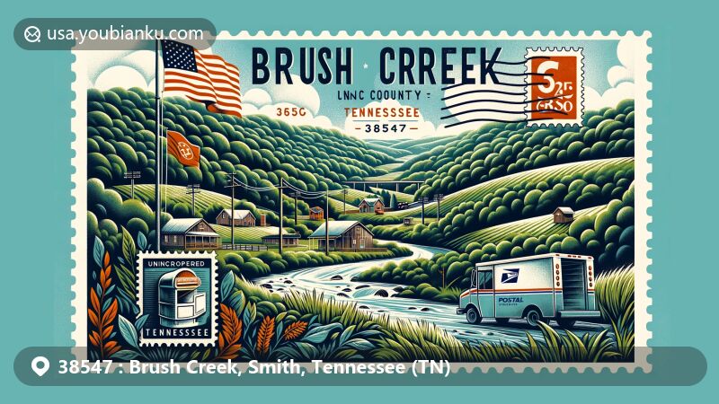 Modern illustration of Brush Creek, Smith County, Tennessee, capturing rural charm with green hills and forests, featuring vintage postcard design and postal elements, including ZIP Code 38547 and Tennessee state symbols.