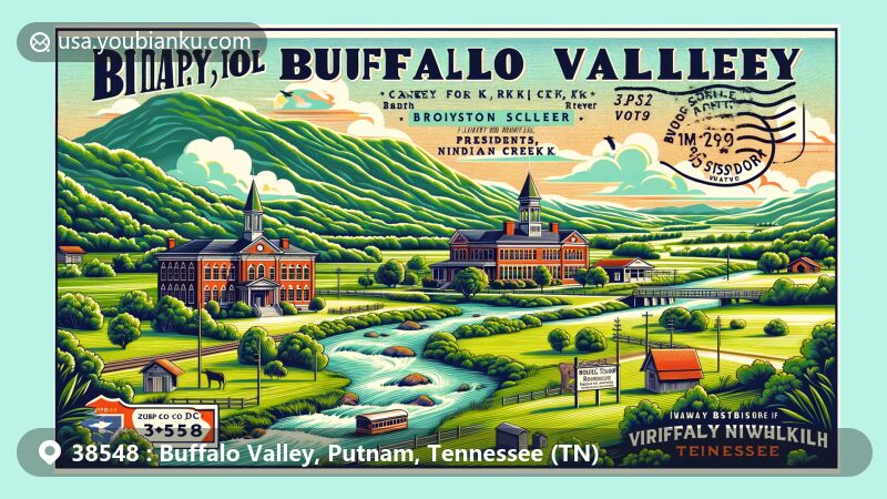 Modern illustration of Buffalo Valley, Putnam County, Tennessee, featuring iconic elements like Caney Fork River, Big Indian Creek, Buffalo Valley School, Roulston Stand, and the town's natural beauty with rolling hills, green pastures, and streams, incorporating ZIP code 38548 and postal theme symbols.