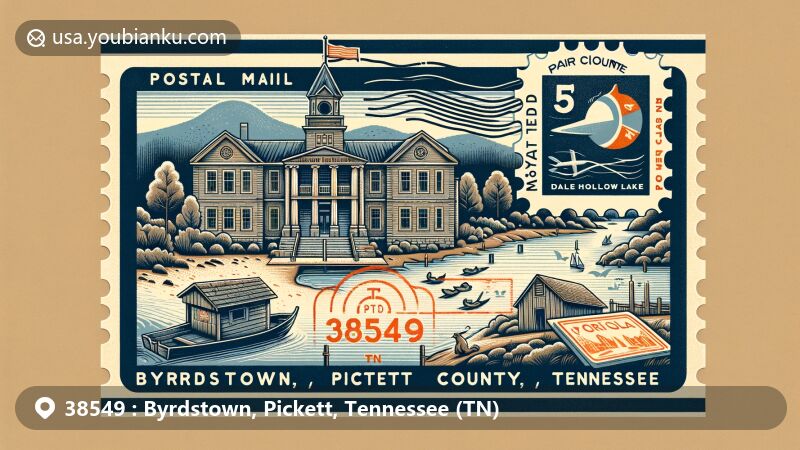 Modern illustration of Byrdstown, Pickett County, Tennessee, featuring vintage air mail envelope with postal code 38549, showcasing Dale Hollow Lake, Pickett County Courthouse, and Cordell Hull Birthplace.